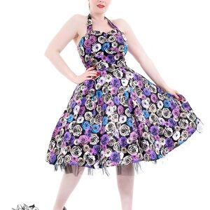 Elegant Floral Midi Dress - Black, Purple, Blue